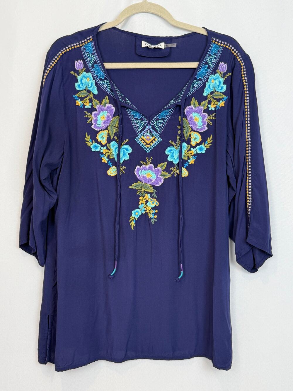 Embroidered Womens Navy Boho Floral Tunic Blouse Size Large